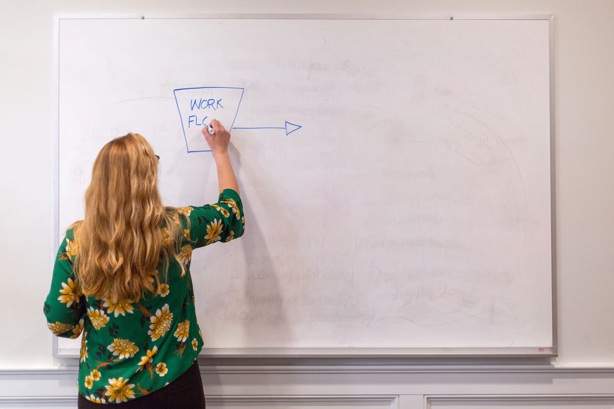 A woman sketching a workflow on a whiteboard