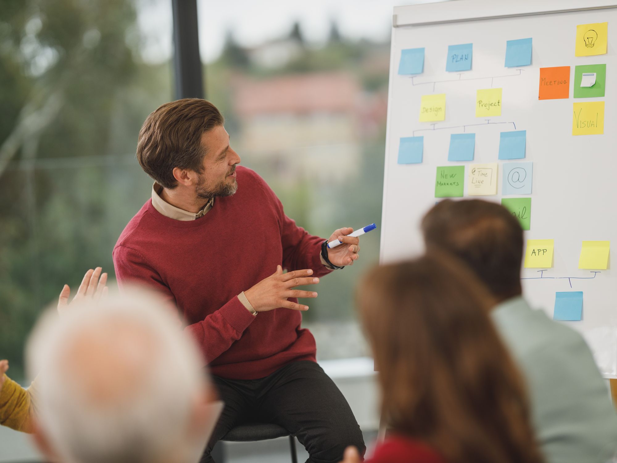 A man presenting to a small group beside a sticky-note board
